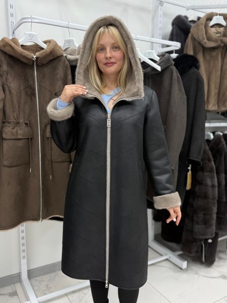 Жіноча двостороння екошубка / екодублянка з капюшоном, 100 см 2527-100 ч/беж  фото